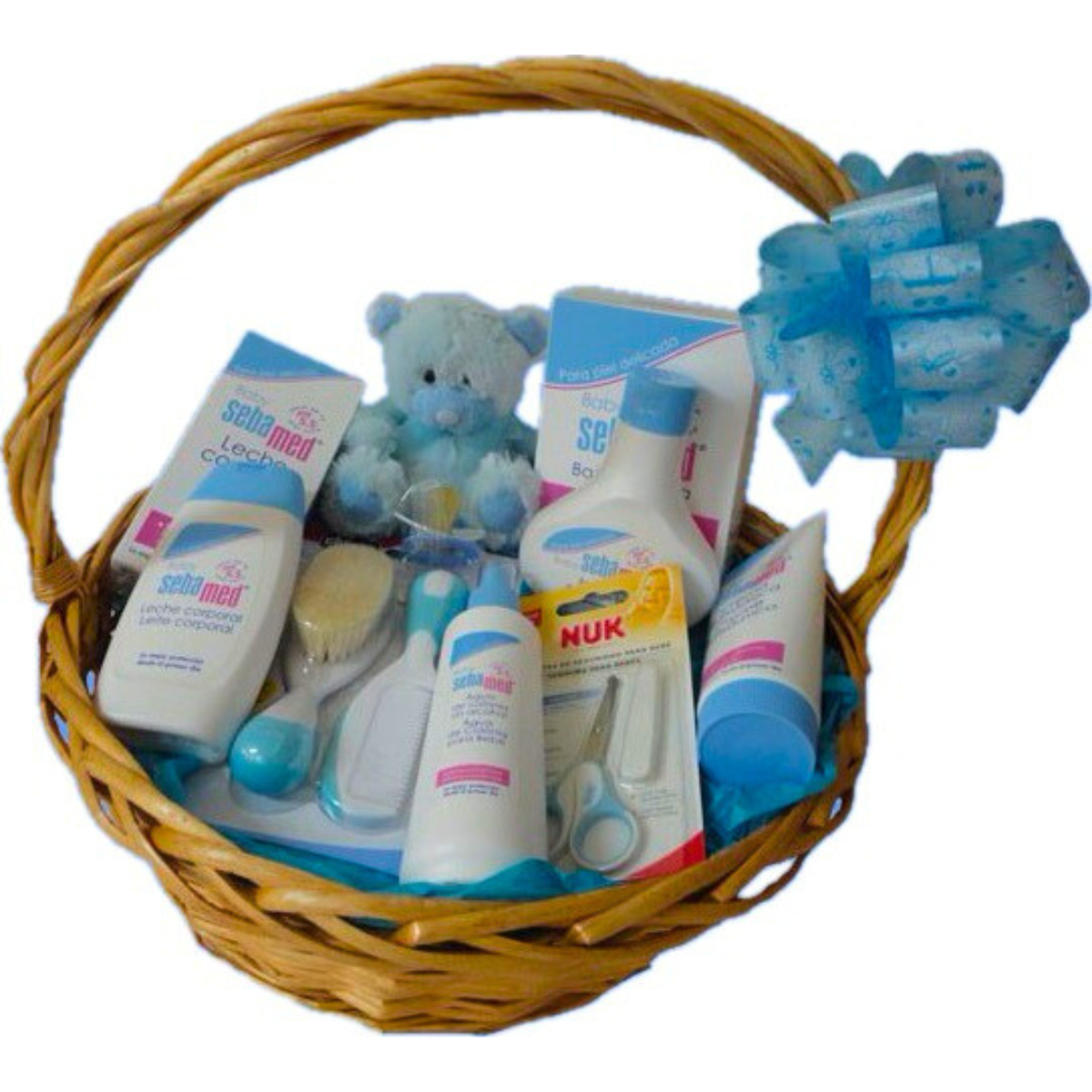 Canastilla de bebé de baño espumoso e higiene con productos SebaMed Baby y accesorios de farmacia