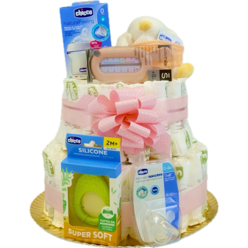 Tarta de pañales de 3 pisos ecológicos con accesorios para el baño e higiene Chicco y Suavinex